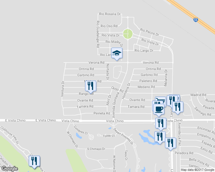 map of restaurants, bars, coffee shops, grocery stores, and more near 67420 Quijo Road in Cathedral City