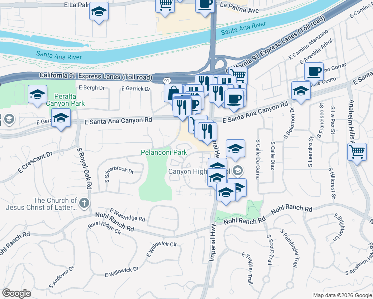 map of restaurants, bars, coffee shops, grocery stores, and more near 5573 East Vista Del Rio in Anaheim