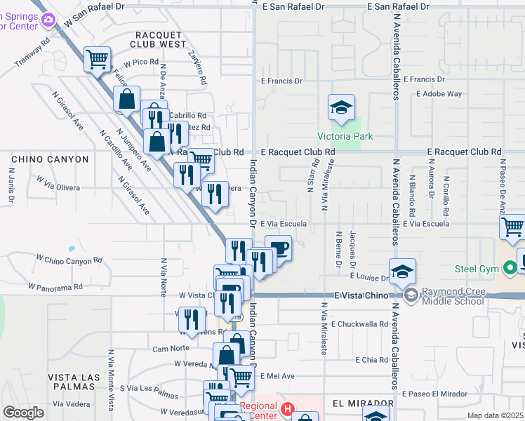 map of restaurants, bars, coffee shops, grocery stores, and more near 2146 North Indian Canyon Drive in Palm Springs