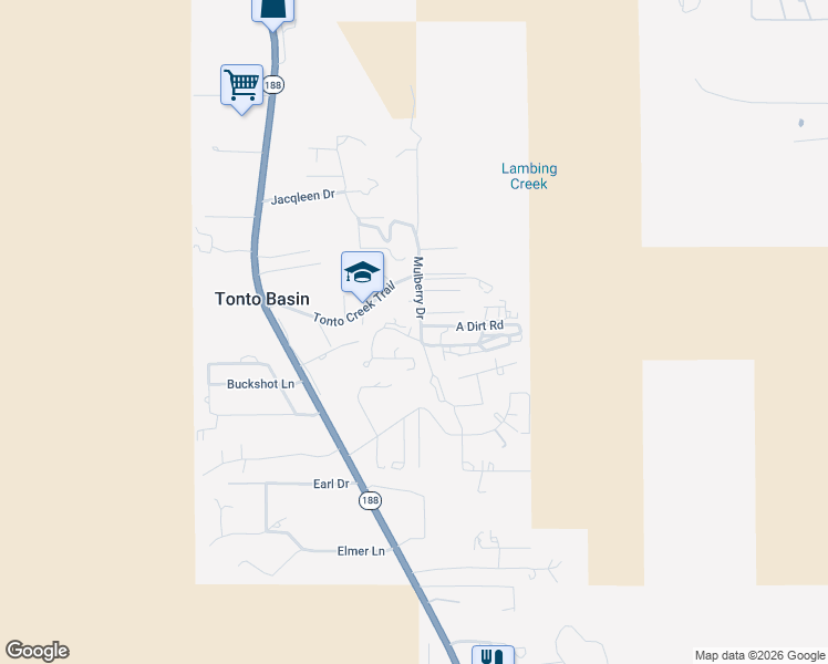 map of restaurants, bars, coffee shops, grocery stores, and more near 538 Shreeve Lane in Tonto Basin