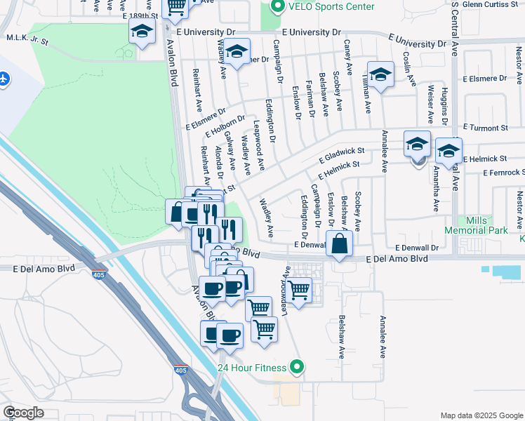 map of restaurants, bars, coffee shops, grocery stores, and more near 20111 Wadley Avenue in Carson