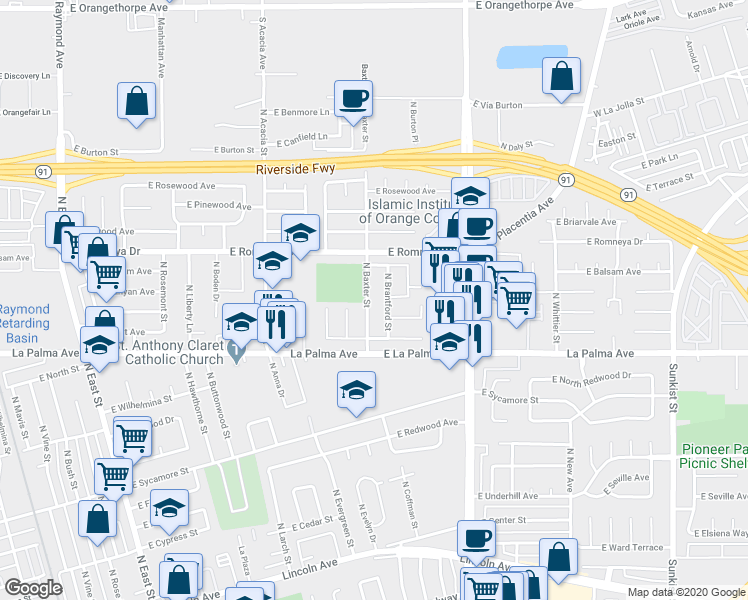 map of restaurants, bars, coffee shops, grocery stores, and more near 1100 North Baxter Street in Anaheim