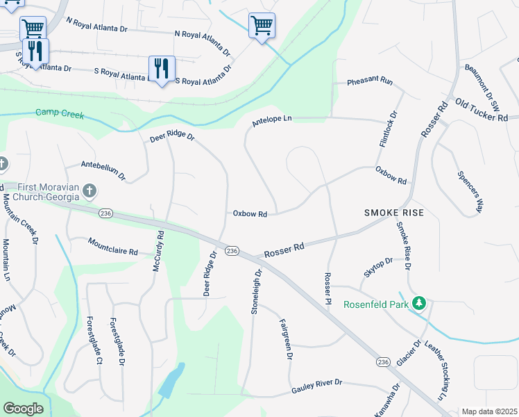 map of restaurants, bars, coffee shops, grocery stores, and more near 5210 Oxbow Road in Stone Mountain