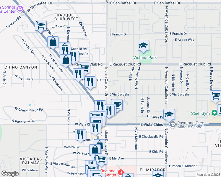 map of restaurants, bars, coffee shops, grocery stores, and more near 2146 North Indian Canyon Drive in Palm Springs
