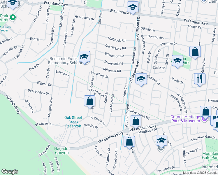 map of restaurants, bars, coffee shops, grocery stores, and more near 2890 Coral Street in Corona