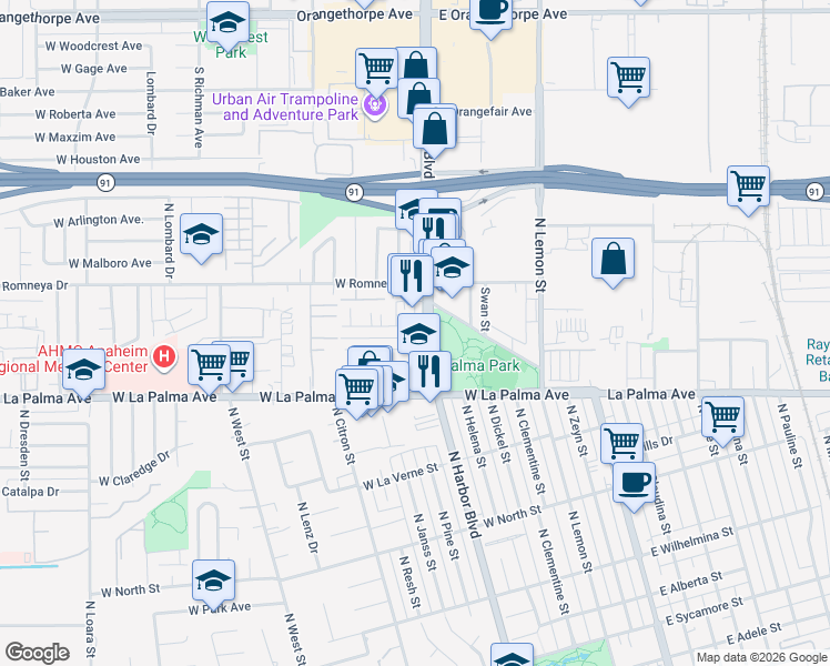 map of restaurants, bars, coffee shops, grocery stores, and more near 1055 North Harbor Boulevard in Anaheim