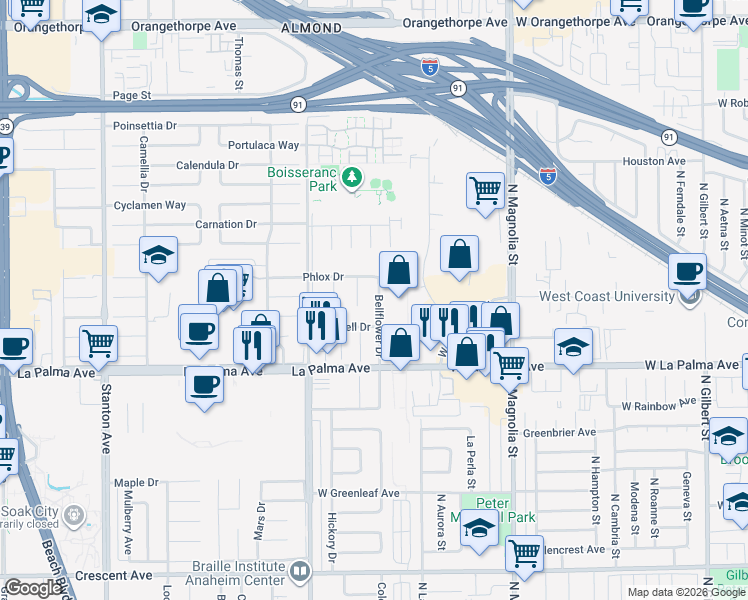map of restaurants, bars, coffee shops, grocery stores, and more near 7838 Pyracantha Circle in Buena Park
