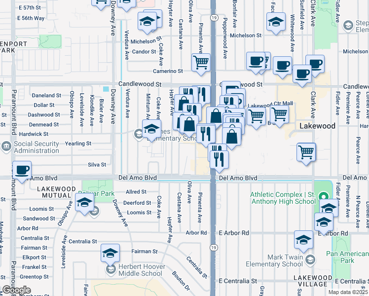 map of restaurants, bars, coffee shops, grocery stores, and more near 4954 Castana Avenue in Lakewood