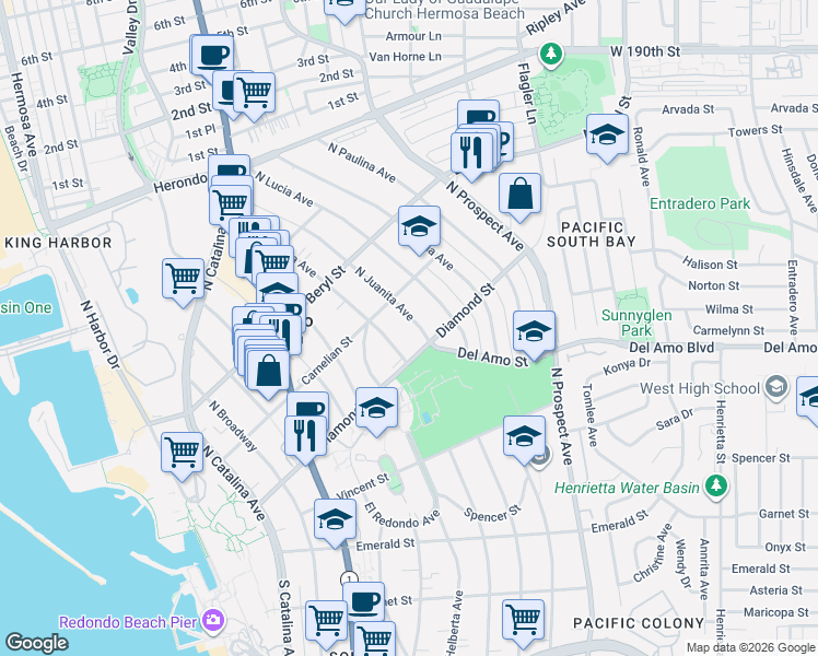 map of restaurants, bars, coffee shops, grocery stores, and more near 505 North Juanita Avenue in Redondo Beach