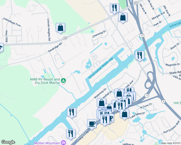 map of restaurants, bars, coffee shops, grocery stores, and more near 4518 North Plantation Harbour Drive in Little River