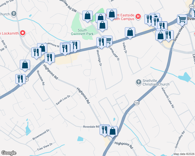 map of restaurants, bars, coffee shops, grocery stores, and more near 2331 Westridge Drive in Snellville