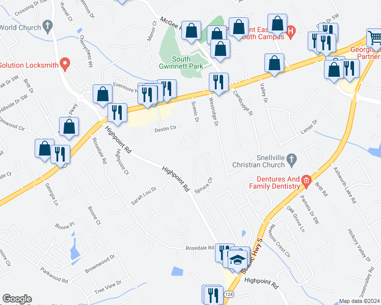 map of restaurants, bars, coffee shops, grocery stores, and more near 2956 Spruce Circle in Snellville