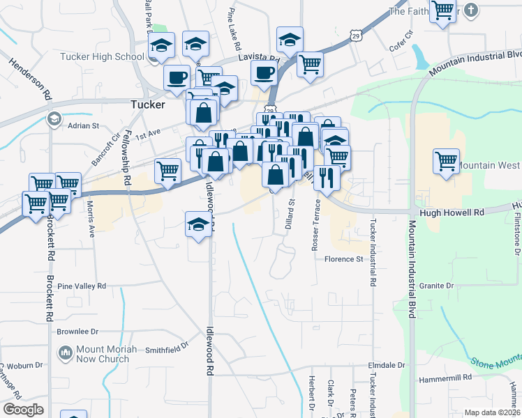 map of restaurants, bars, coffee shops, grocery stores, and more near 2218 Hanfred Lane in Tucker