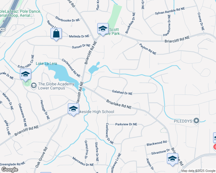 map of restaurants, bars, coffee shops, grocery stores, and more near 2668 Galahad Drive Northeast in Atlanta