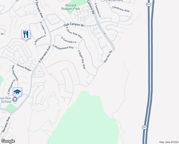 map of restaurants, bars, coffee shops, grocery stores, and more near 1268 South Night Star Way in Anaheim