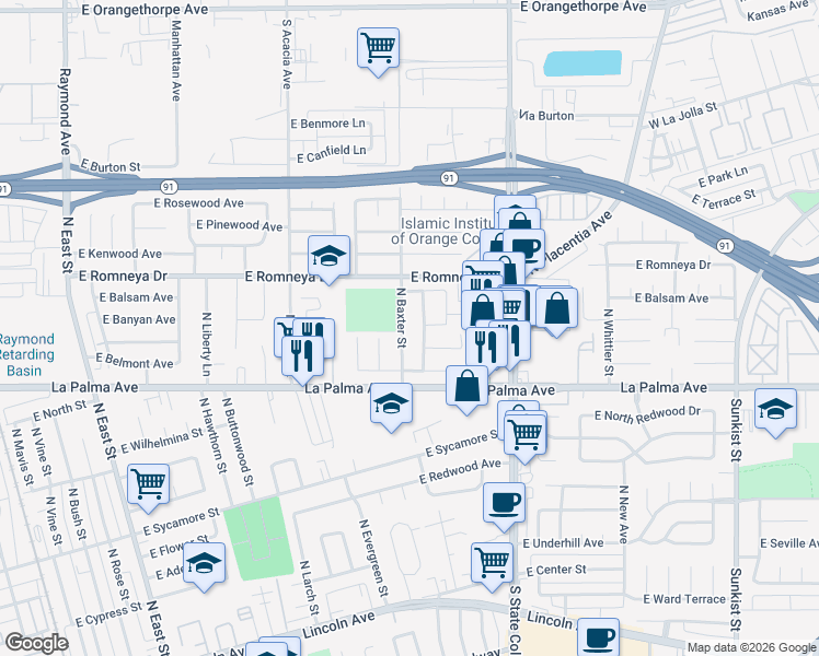 map of restaurants, bars, coffee shops, grocery stores, and more near 1100 North Baxter Street in Anaheim