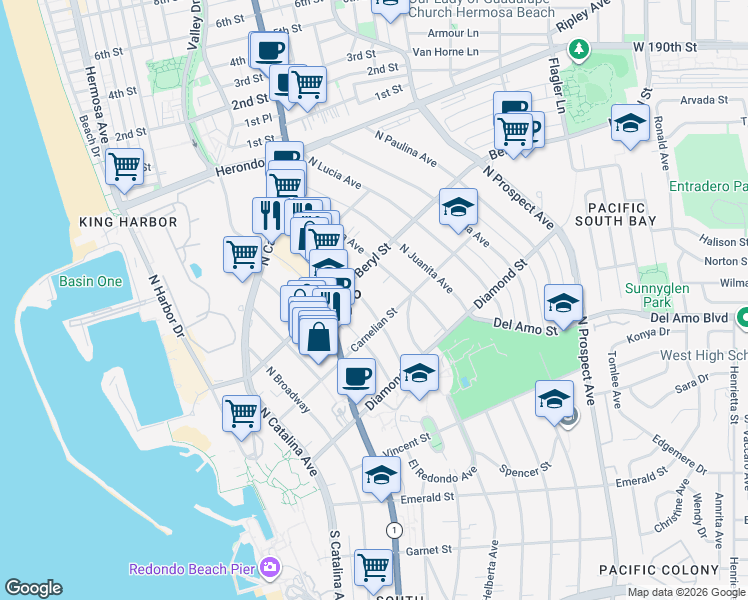 map of restaurants, bars, coffee shops, grocery stores, and more near 610 North Guadalupe Avenue in Redondo Beach