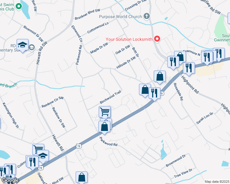 map of restaurants, bars, coffee shops, grocery stores, and more near 3451 Birchwood Trail in Snellville