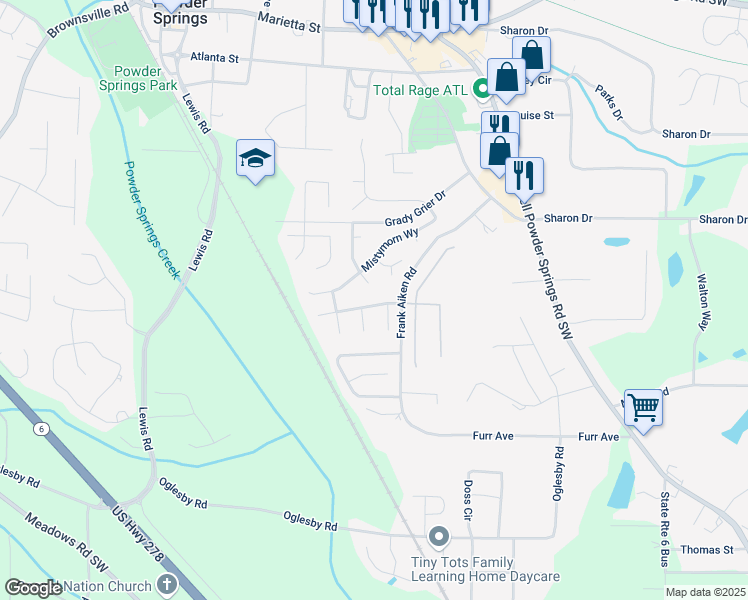 map of restaurants, bars, coffee shops, grocery stores, and more near 4210 Morning Dew Drive in Powder Springs