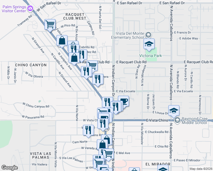 map of restaurants, bars, coffee shops, grocery stores, and more near 2150 North Zanjero Road in Palm Springs