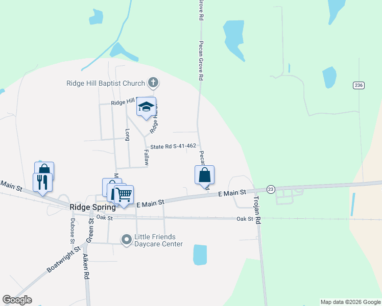 map of restaurants, bars, coffee shops, grocery stores, and more near 104 State Road S-41-492 in Ridge Spring