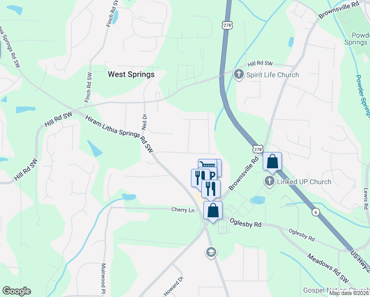 map of restaurants, bars, coffee shops, grocery stores, and more near 4261 Kent Drive in Powder Springs