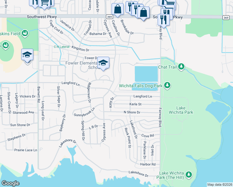 map of restaurants, bars, coffee shops, grocery stores, and more near 4708 Langford Lane in Wichita Falls