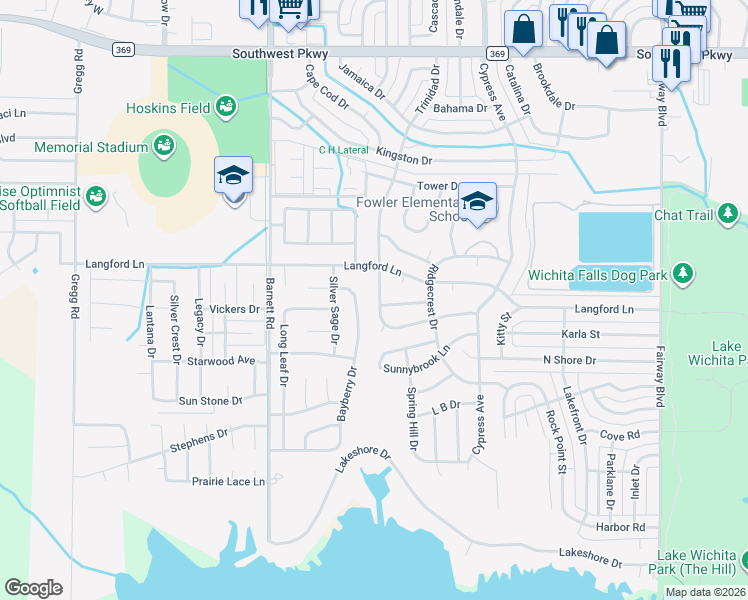 map of restaurants, bars, coffee shops, grocery stores, and more near 4917 Bayberry Drive in Wichita Falls