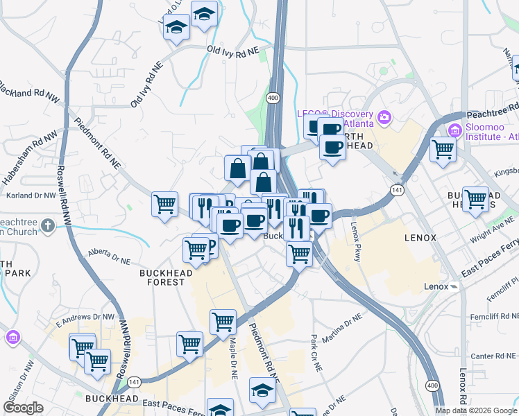 map of restaurants, bars, coffee shops, grocery stores, and more near 3495 Buckhead Loop Northeast in Atlanta