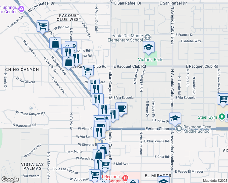 map of restaurants, bars, coffee shops, grocery stores, and more near 2166 North Indian Canyon Drive in Palm Springs