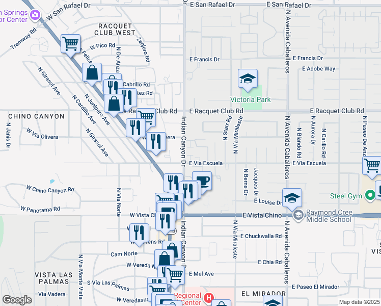 map of restaurants, bars, coffee shops, grocery stores, and more near 2166 North Indian Canyon Drive in Palm Springs