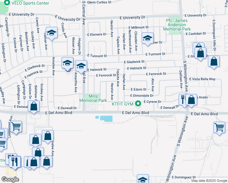 map of restaurants, bars, coffee shops, grocery stores, and more near 20118 Hillford Avenue in Carson
