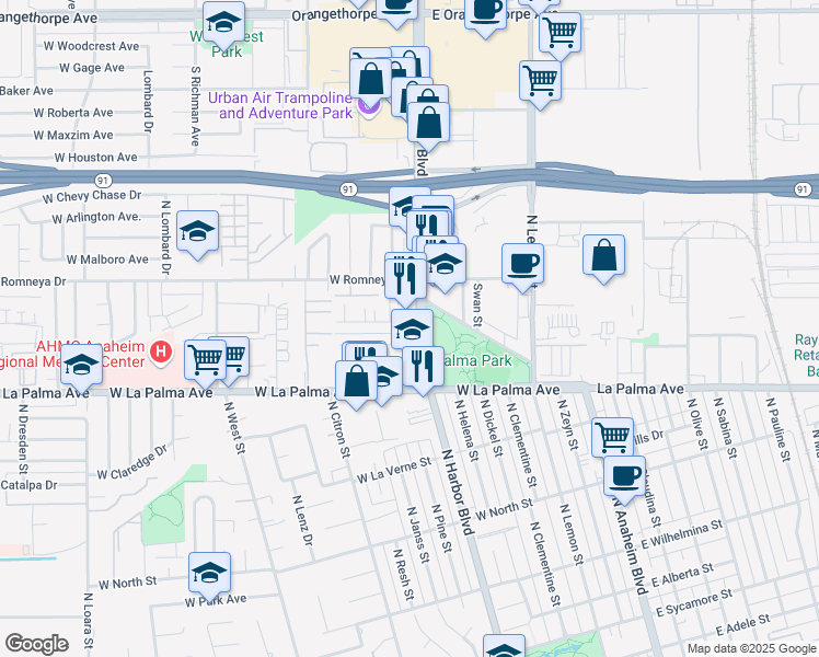 map of restaurants, bars, coffee shops, grocery stores, and more near 1055 North Harbor Boulevard in Anaheim