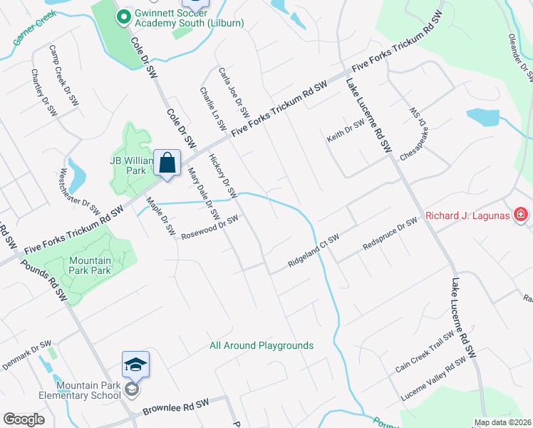 map of restaurants, bars, coffee shops, grocery stores, and more near 1337 Arlene Court Southwest in Lilburn