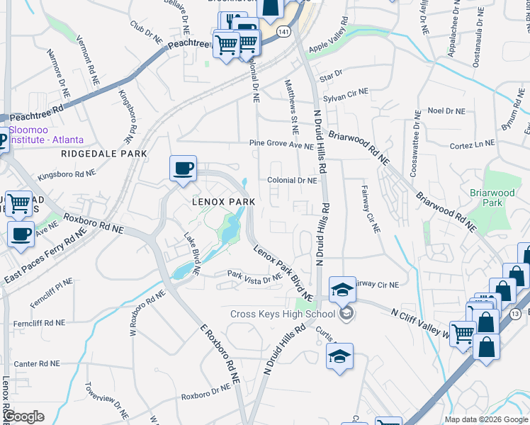 map of restaurants, bars, coffee shops, grocery stores, and more near 5202 Reserve Drive Northeast in Atlanta