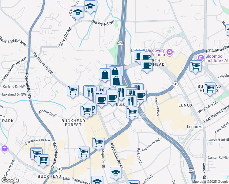 map of restaurants, bars, coffee shops, grocery stores, and more near 3495 Buckhead Loop Northeast in Atlanta