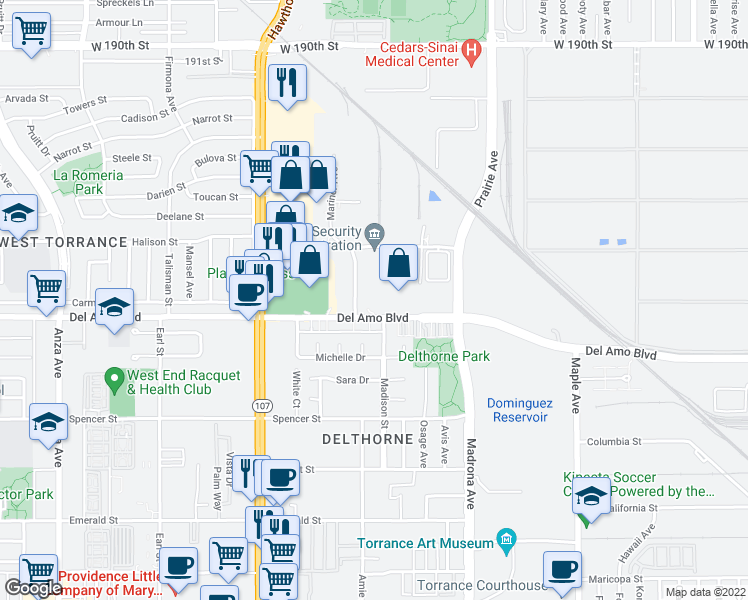 map of restaurants, bars, coffee shops, grocery stores, and more near 3565 Del Amo Boulevard in Torrance