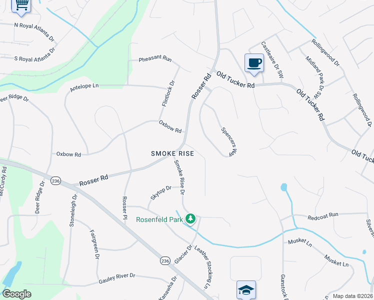 map of restaurants, bars, coffee shops, grocery stores, and more near 5449 Oakwood Dr in Stone Mountain