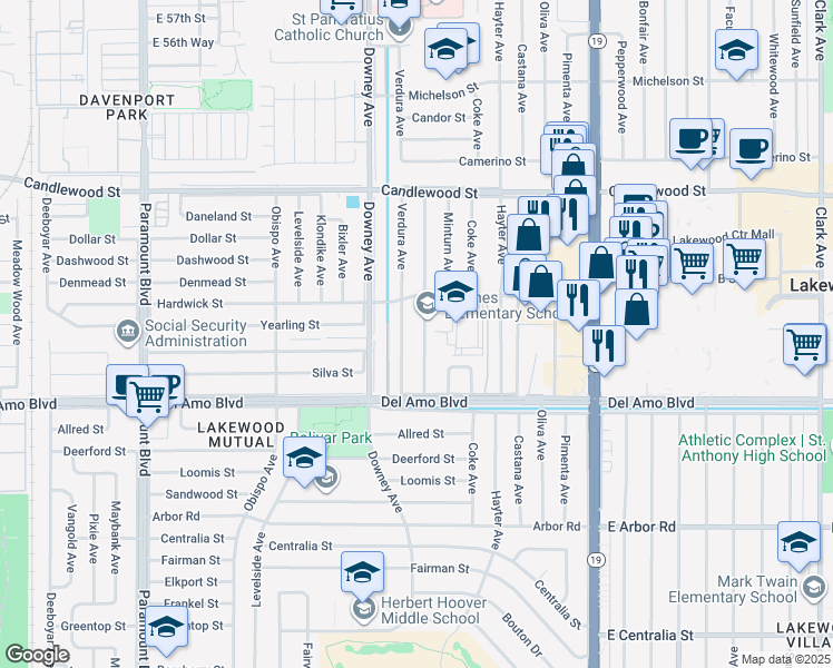 map of restaurants, bars, coffee shops, grocery stores, and more near 5019 Barlin Avenue in Lakewood