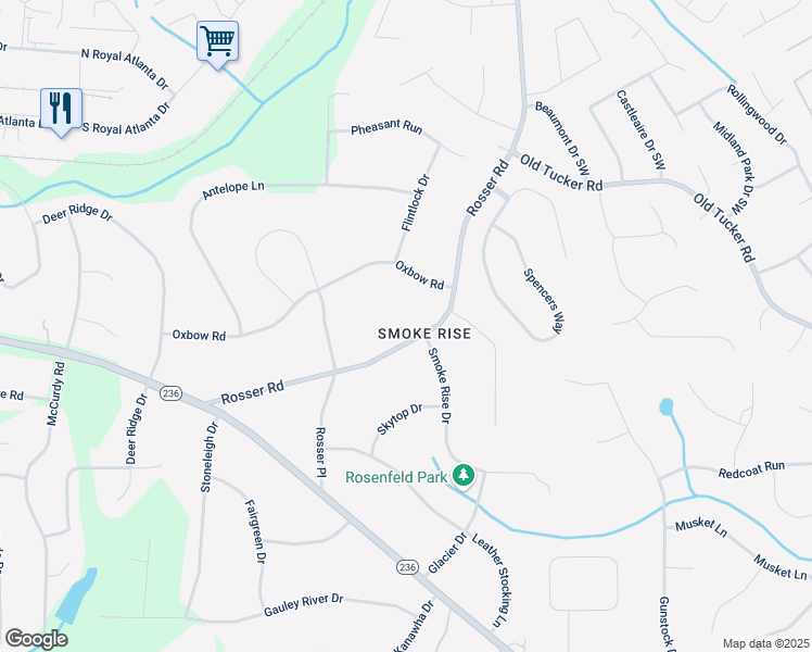 map of restaurants, bars, coffee shops, grocery stores, and more near 5410 Rosser Road in Stone Mountain