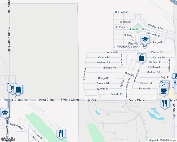 map of restaurants, bars, coffee shops, grocery stores, and more near 67120 Quijo Road in Cathedral City