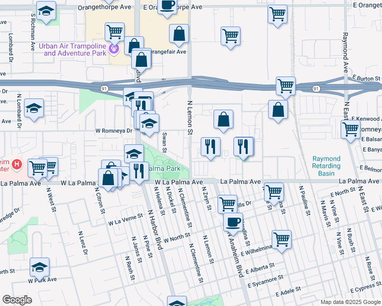 map of restaurants, bars, coffee shops, grocery stores, and more near 1130 South Lemon Street in Anaheim