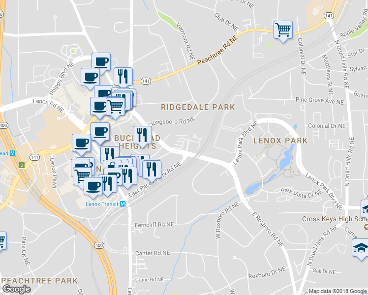 map of restaurants, bars, coffee shops, grocery stores, and more near 3609 East Paces Way in Atlanta