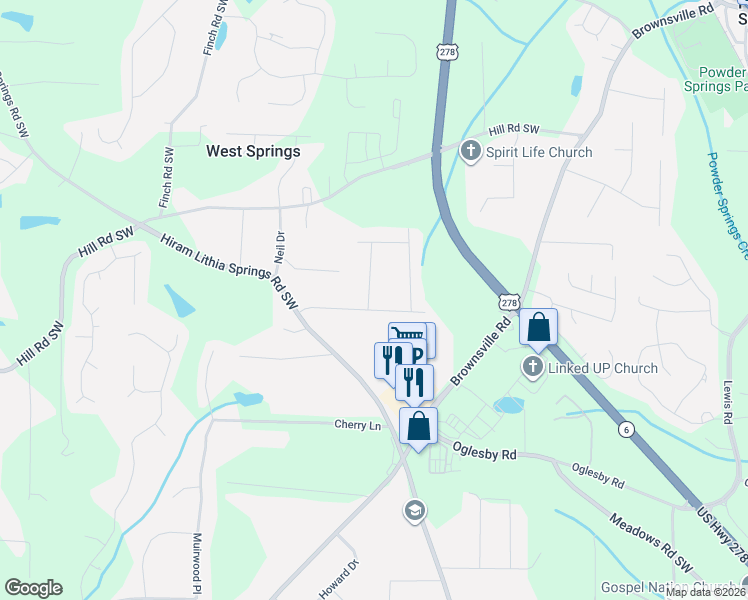 map of restaurants, bars, coffee shops, grocery stores, and more near 4261 Kent Drive in Powder Springs