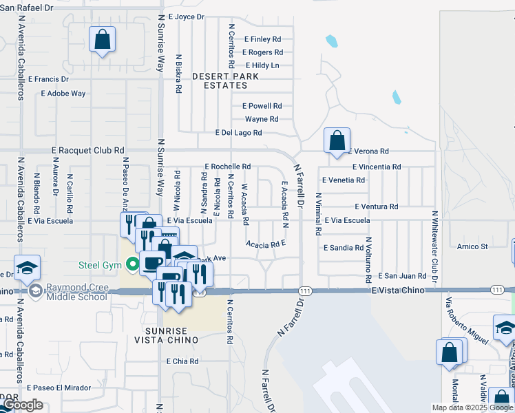 map of restaurants, bars, coffee shops, grocery stores, and more near East Hudson Road & Magnolia Road in Palm Springs