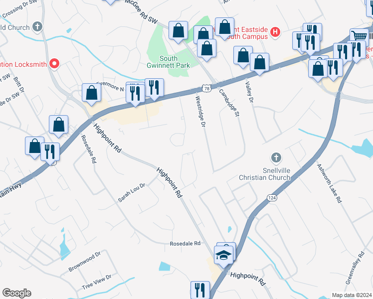 map of restaurants, bars, coffee shops, grocery stores, and more near 2962 Spruce Circle in Snellville