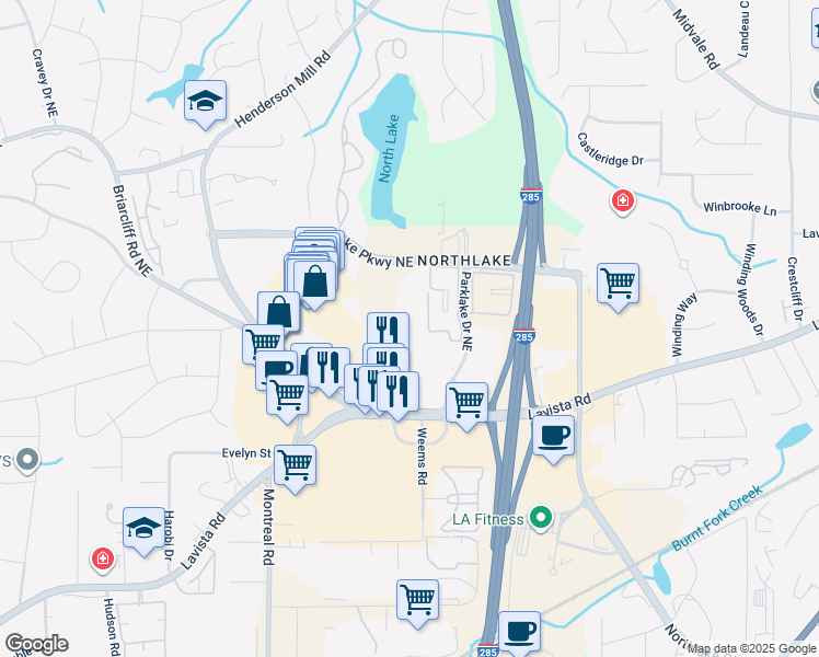 map of restaurants, bars, coffee shops, grocery stores, and more near 2200 Ranchwood Drive Northeast in Atlanta
