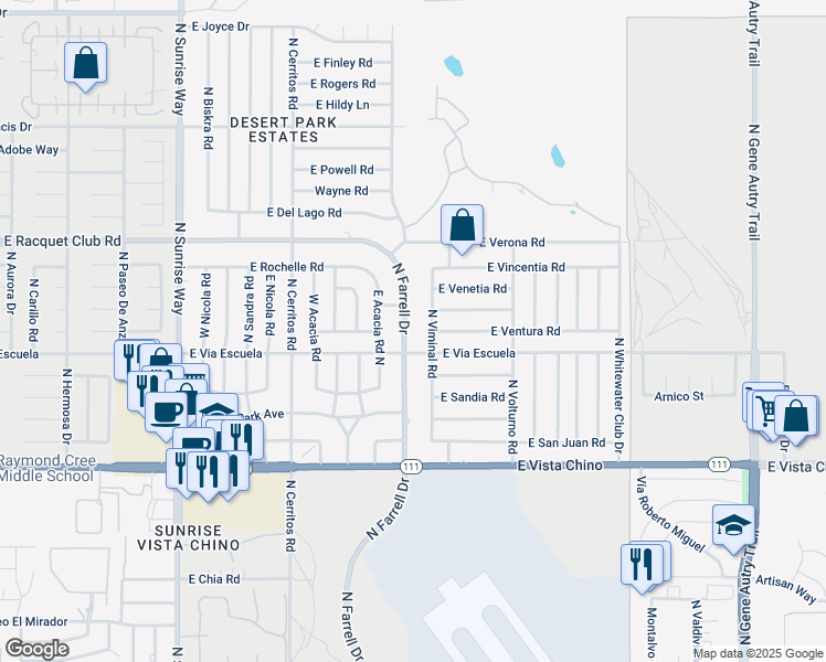 map of restaurants, bars, coffee shops, grocery stores, and more near 2150 North Farrell Drive in Palm Springs