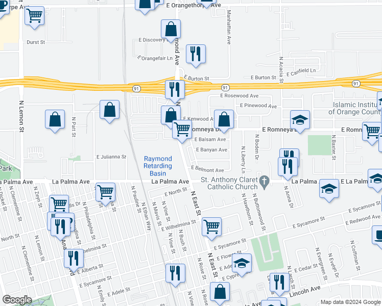 map of restaurants, bars, coffee shops, grocery stores, and more near 1129 North Briarwood Street in Anaheim