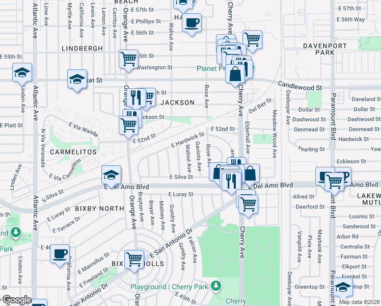 map of restaurants, bars, coffee shops, grocery stores, and more near 5065 Gaviota Avenue in Long Beach